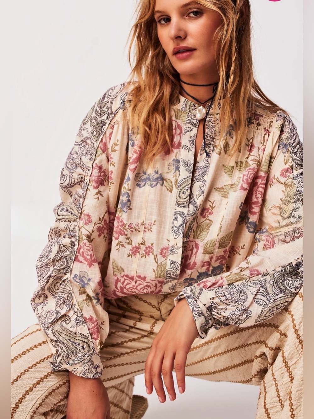 Free People Maraya Printed Top With Ruching Antique Combo Oversized Small NWOT
